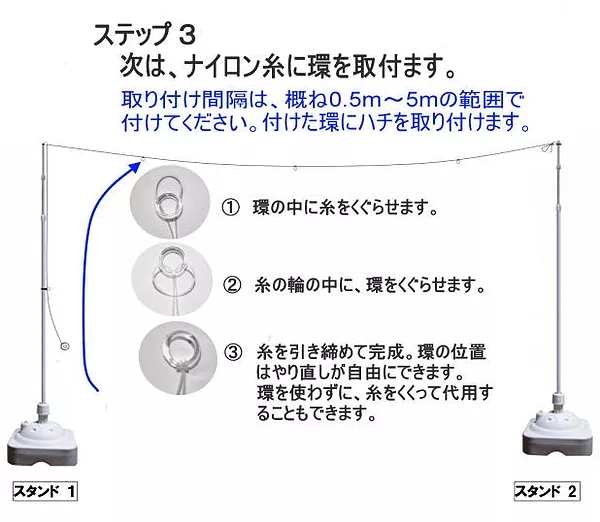 ナイロン糸に環を取り付けます。取付間隔は、概ね0.5m～5mの範囲で付けてください。付けた環にハチを取り付けます。①環の中に糸をくぐらせます。②糸の輪の中に、環をくぐらせます。③糸を引き締めて完成。環の位置はやり直しが自由にできます。環を使わずに、糸をくくって代用することもできます。